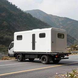 concept flatbed truck with modern tinyhouse, minimalistic design, mountain road landscape