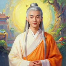 portrait painting of a 6 0 year old handsome chinese taoist priest, like liangchao wei, silver hair, amiable by wenjun lin, irakli nadar, bright colors, octopath traveler, wenjun lin, unreal engine 5 highly rendered, global illumination, radiant light, detailed and intricate environment