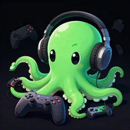 a cute acqua green little octopus playing videogames, with various joypads in his tentacles and a pair of headphones, dark black background, digital drawing, photoshop, high definition, gamer