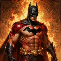painted portrait of angry batman by greg rutkowski craig mullins artgerm alphonse mucha, messy red bloody body paint over back and his arms, muscular upper body mature warm tone bulging bubble flowing robe [ ancient greek motifs ] fire in the background fantasy intricate elegant detailed digital painting concept art artstation sharp focus illustration