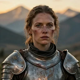 head and shoulders portrait of a female knight, chipped armor, dirty armor, lightly dirty face, light spatter of blood, detailed face, photography by jimmy nelson, dramatic mountain background, golden hour, hq