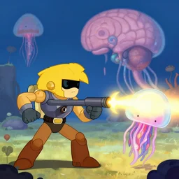 metroid fan art, samus shooting metroid jellyfish, mother brain in the background, in the style of tove jansson, rendered in octane