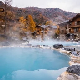 holiday resort, hot springs pool in the mountains, relaxing, autumn, trees, steam clouds, photo, kodak, dlsr