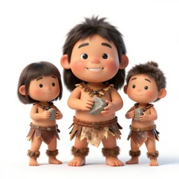 a full - body portrait of little asian cuties caveman, oversized head, smile expression, wearing leather and bark cloth, making stone tool at the river bank, holding stone tool and pebble, with giant oversized dog, a colorized photo, colorized, # film, movie still