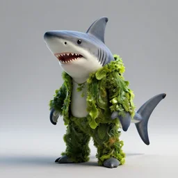 3 d render, hyper realistic anthropomorphic shark, male, clothing made from seaweed.