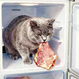 british blue shorthair cat in a fridge, eating a large ham, watercolor