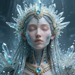a highly lifelike detailed beautiful divine tribal high priestess and water with adornments of crystals wide hdr whole infinite capsule apparent with awe an idea seep's into infinity, face axonometric mechanical fantasy intricate elegant, in void of latent space, volumetric lighting h 5 1 2