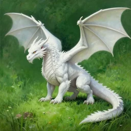 a large white dragon standing on top of a lush green field, an ultrafine detailed painting by slawomir maniak, featured on polycount, sots art, official art, artstation hd, detailed painting