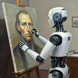robot artist artist painting a self portrait, by john howe, h. r. giger