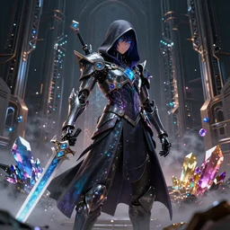 2.5D CGI anime fantasy portrait artwork of a hooded intricate elite cybernetic sorcerer warrior character with high quality glistening beautiful colors, rich moody atmosphere, reflections, specular highlights, omnipotent, megastructure realistic detailed background, brandishing iridescent cosmic weapons, colourful 3D crystals and gems, dark ominous clothing, gritty realistic smoke, portrait in the style of Makoto Shinkai and Greg Rutkowski, animated, animation