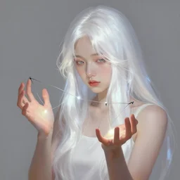 girl with silk glowing white hair showing her hands with glowing puppeteer stings coming out of it, concept digital art trending on artstation oilpaint