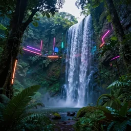 wide shot of a futuristic rgb with neon strip lights Singaporean forest, waterfalls, octane render, by James Jean, award winning, artstation