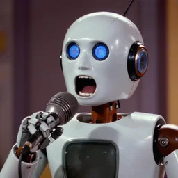 still from a 9 0 s tv show, a hyperrealistic robot excitedly screaming into a microphone, astonished look on face, tv show, 9 0 s, vhs style,