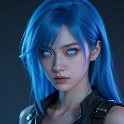 beautiful young cyberpunk girl with blue hair, glowing blue eyes, staring menacingly at the cameraau naturel, hyper detailed, digital art, trending in artstation, cinematic lighting, studio quality, smooth render, fluorescent skin, unreal engine 5 rendered, octane rendered, art style by klimt and nixeu and ian sprigger and wlop and krenz cushart