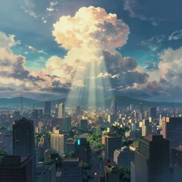 cyberpunk city scene, art by moebius, artstation trending, gorgeous clouds, god rays, fantasy art, octane render, ureal engine, high detail, japanese animation, greg rutkowski, james gurney, johannes voss