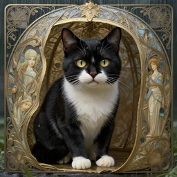 tuxedo cat taking shelter from the rain, fantasy, intricate, elegant, hyper detailed, ultra definition, photoreal, artstation, unreal engine rendered, concept art, smooth, sharp focus, illustration, art by artgerm and greg rutkowski and alphonse mucha and garis edelweiss