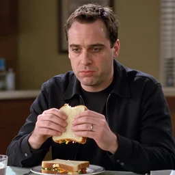 Ross Geller as The American Psycho sweating as he stares at you in psychopathic silence after you tell him you ate his sandwich with the moist-maker