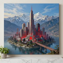 dystopian cyberpunk city under kashmir mountains, red lights, hill valley grec greeble glory island little wood bridge, painting of tower ivy plant, in marble, late afternoon light, wispy clouds in a blue sky, by frank lloyd wright and greg rutkowski and ruan jia