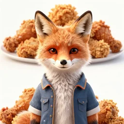 thriller movie poster featuring an anthropomorphic fox wearing a casual outfit, a lot of fried chicken in the background, promotional media