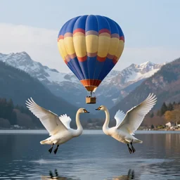 Photorealistic two swans forming a Hot Air Balloon, flying above a mountain lake, 8k highly professionally detailed, HDR, CGsociety