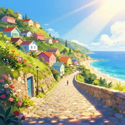 a lonely cobblestone street with flowers on a hill with colorful houses near the beach and the sea, brightly illuminated by rays of sun, artstation, colorful sylvain sarrailh illustration, game background