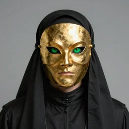 intimidating portrait commission of a D&D cult leader wearing black robes and a golden mask. green eyes like spawn. Black Background with red swirls. character design by charlie bowater, detailed, inked, western comic book art