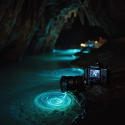 a dark cave with glowing bio - luminescent pools, clear focus, bokeh effect, high res, hasselblad, dslr, professional, cinematic, andy lee