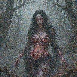 A realistic detailed photo of a creepy witch, blood, exploded belly, red eyes, destroyed body, dead skin, dead trees, detailed body, teeth filled with cavities, foggy landscape, creepy, light particles, detailed light, realistic shaders, trending on artisation, detailed textures, detailed, realistic.