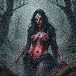 A realistic detailed photo of a creepy witch, blood, exploded belly, red eyes, destroyed body, dead skin, dead trees, detailed body, teeth filled with cavities, foggy landscape, creepy, light particles, detailed light, realistic shaders, trending on artisation, detailed textures, detailed, realistic.