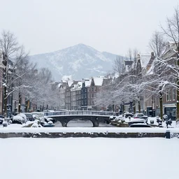 amsterdam covered in snow, mountains in the background, 2019 photograph
