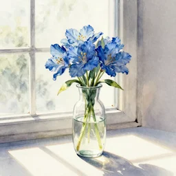 water color painting of a blue flower in a glass vase by a window with sunlight shining in drawn by James Jean - n 9