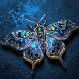 high quality macro photo gothic iridescent moth! jewelled gorgeous! highly detailed david ligare elson peter cinematic blue neon lighting high quality low angle hd 8k sharp shallow depth of field