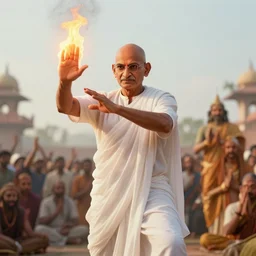 mahatma ghandi firebending at the center of crowd, yogi master. highly detailed vfx portrait a mage casting a spell, stephen bliss, unreal engine, sigils greg rutkowski, loish, rhads, beeple, makoto shinkai and lois van baarle, ilya kuvshinov, rossdraws, tom bagshaw, alphonse mucha, global illumination, detailed and