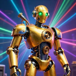 portrait photo of a giant golden and blue metal steampunk kitchen robot cook chef with gears and tubes, eyes are green lights, shiny crisp finish, 3 d render, 8 k, insaneley detailed, fluorescent colors, background is multicolored lasershow