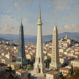 Skinny onyx tower, skinny ivory tower, Mediterranean city, fantasy magic, oil painting, digital art, illustration, wide angle, fine details, cinematic, highly detailed, 4k, concept art