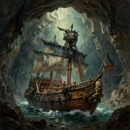 a pirate ship found in an underground vast cavern, lighting from above, spotlight, digital art, cinematic, oil on canvas, frank frazetta simon stalenhag, mandy jurgens, wlop, cgsociety, artstation