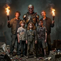airbrush fred kagan family, a portrait in garbage, maggots syd mead, enric torres, alberto bontempi, feng zu hyper realism, narrative light, muted colors, epic, hyper detailed, awe inspiring, award winning horror, torch lighting, hyper realism, cinematical