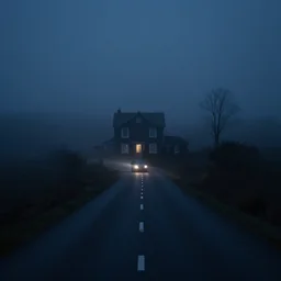 looking down road, a lonely house, fog, mid night, dark, car lights