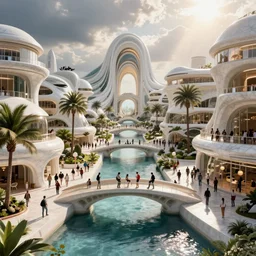 futuristic utopian paradise, canals, bridges, white marble buildings, tropical, palm trees, crowds of people, by zaha hadid, photography, cinematic lighting, detailed sharp focus, raytracing, global illumination, octane render, artstation