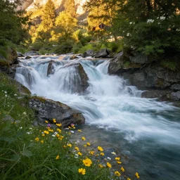 waterfall in switzerland, beautiful river, and flowers, fast shutter speed, sigma 8 5 mm, golden hour, nature photography
