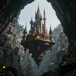 one immense floating castle in the middle of high mountains hanging by chains inside a gorge cave jewelry mine below only darkness background, fireflies, clean sky, hight contrast, void, 8 k resolution, unreal engine 5, hyper - detailed, perspective view, 2 4 mm lens, by simon bisley, beeple, justin gerard
