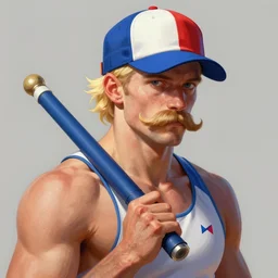 portrait of a french crossfiter upper part of the body, he carries a french flag cap and got blond hairs, powerful, musculated, he got a big french musctache, by aenaluck, artgerm and roberto ferri and greg rutkowski, digital painting, artstation, concept art, smooth, sharp foccus ilustration hq