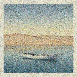 a boat in first plan floating on water at bassin d'arcachon a sand dune in the background with the sky above, australian tonalism, pale gradients design, matte drawing, clean and simple design, outrun color palette. a vintage neo retro poster painted by Morandi, Agnes Pelton