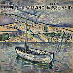 a boat in first plan floating on water at bassin d'arcachon a sand dune in the background with the sky above, australian tonalism, pale gradients design, matte drawing, clean and simple design, outrun color palette. a vintage neo retro poster painted by Morandi, Agnes Pelton