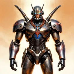 portrait of a tribal mecha robot, symmetrical, movie poster art by drew struzan,