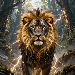 black lion's god looking at camera with fur made from gold lightnings surrounded by epic ancient huge forest and mountains, colossal scale, cinematic shot, hyperdetails, dramatic lighting, by Evgeniy Antonenkov and James Jean