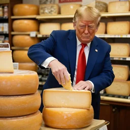 Donald Trump stealing cheese from a cheese specialty store