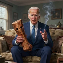 joe biden holding a giant joint while sitting on a couch in a messed up apartment, stoned eyes, smoke, beautiful digital art, amazing detail, artstation, award winning, sharp