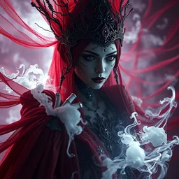 necromancer empress, by tom bagshaw and greg rutkowski, red fabric, fiber amethyst weaving into strands of smoke and brass and iron metal filigree joining into carbon fiber strands, fractal shapes, white explosions, dramatic lighting, ultra detail, close up, dof, smooth render, cinematic, octane render, art nouveau, fine art