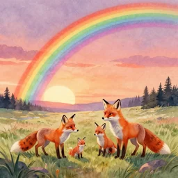 a fox family, fantasy scenery, rainbow, watercolor painting, sunset